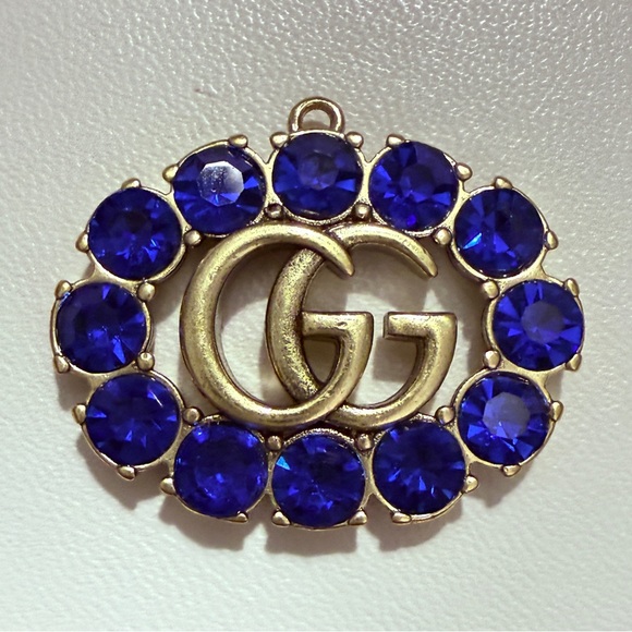 Jewelry - Stunning Gucci Upcycled GG Zipper Pull Charm Gold
Tone & Blue Rhinestone Pendant